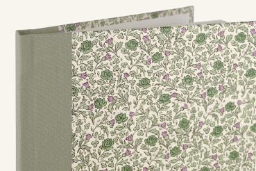 classic notebook with floral motif, green roses, green linen spine, white pages